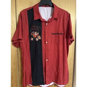 Santa Bowling Shirt Button Down Short Sleeve Red Size Large Christmas